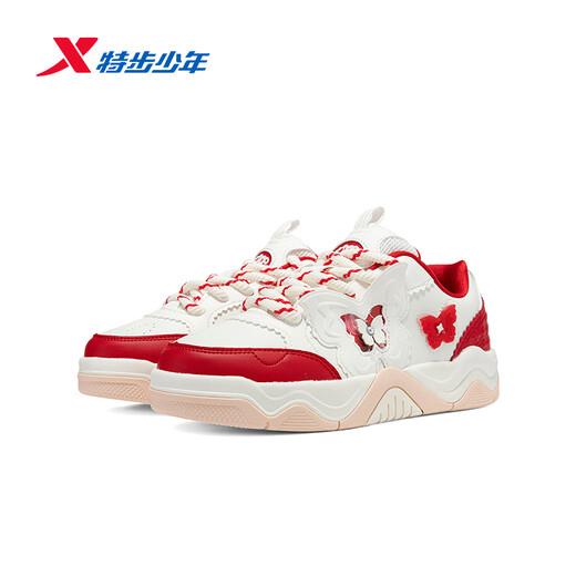 Xtep shopping mall same style children's sneakers spring for girls, medium and large children, leather surface wear-resistant, non-slip, lightweight and breathable casual shoes, sail white/transcendence red 35