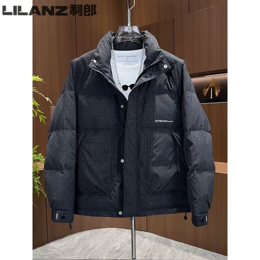 LILANZ Men's Thin Down Jacket Stand Collar Lightweight New Winter Thickened Warm Printed Duck Down Short Trendy Jacket Black 2XL Recommended 130-150Jin Jin is equal to about 0.5 kg
