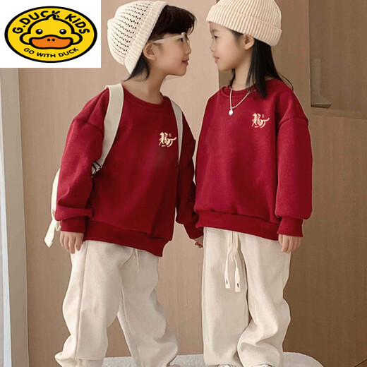G.duck national fashion style red sweatshirt parent-child wear 2026 new family portrait spring and autumn family of three and four mother and daughter New Year's greetings clothes wine red - sweatshirt spring and autumn style 165 adult S size 80-100Jin Jin is equal to 0.5 kg