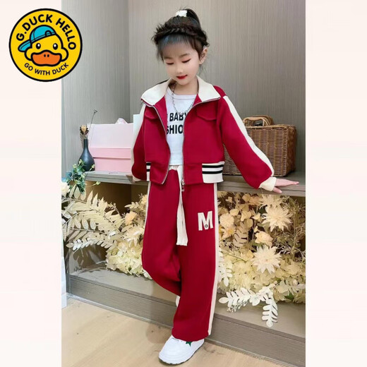 G.duck fried street parent-child wear 2025 new trendy spring and autumn style sports suit two-piece set different mother and daughter sweatshirt jacket red splicing suit 130 cm recommended 110~125 height