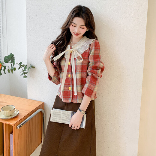 Ives (ITISF4) Spring Festival Sweet Temperament Jacket Spring Slimming Exquisite Ruffled Plaid Versatile Top Shirt Red Plaid S