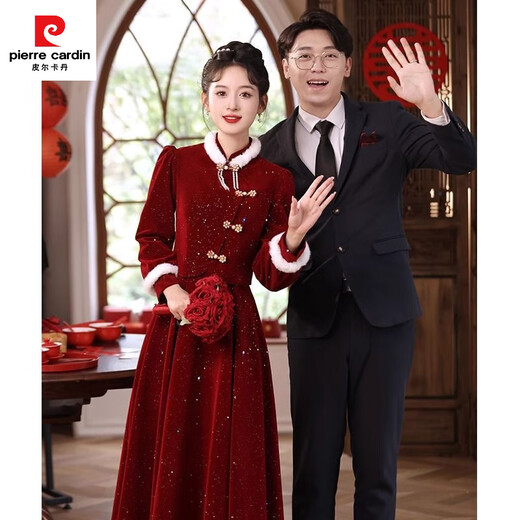 Pierre Cardin New Chinese Toast Wear 2025 New Bride Autumn and Winter Wedding Red Engagement Dress Skirt Women Winter Velvet Cheongsam Burgundy Winter XS