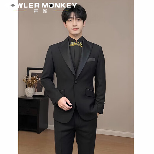 声猴西服套装男新中式西服外套男士休闲西服国风修身新郎结婚礼服宴会 西服外套+衬衫黑+西裤【三件套】 2XL （130-150斤））