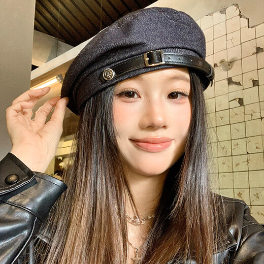 Wanjiazhen beret women's cool leather buckle 2025 autumn new commuter Japanese style sweet temperament fashion painter hat winter cool leather buckle beret dark blue