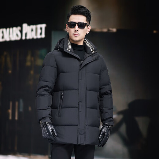 GUSKI luxury high-end brand down jacket men's winter new mid-length hooded white duck down warm casual jacket black - exquisite gift box M