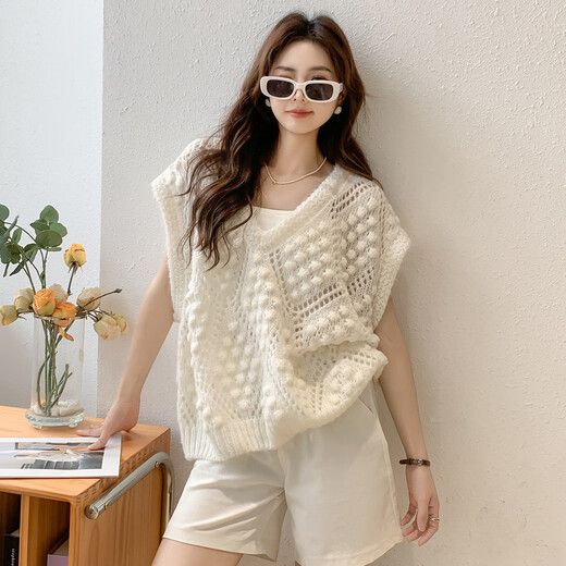 Ives (ITISF4) lazy temperament vest spring and summer loose and chic sleeveless vest stacked vest jacket white one size