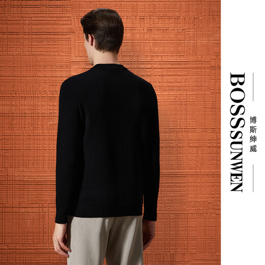 Bosssunwen thickened velvet recommended for winter, skin-friendly and warm solid color bottoming shirt, exquisite embroidery men's woolen sweater, black L