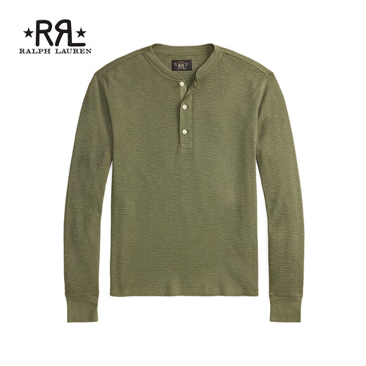 RRL Men's Spring 26 Garment Dyed Waffle Knitted Cotton Henley RL95601 300-Tree Green L