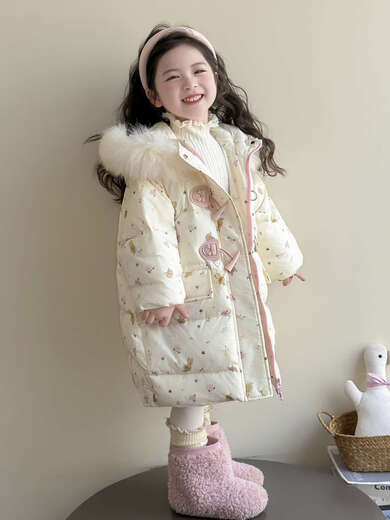 BALA suitable for girls' down jacket winter 2025 new style Western style children's white duck down little girl baby beige full size, large fur collar 90cm