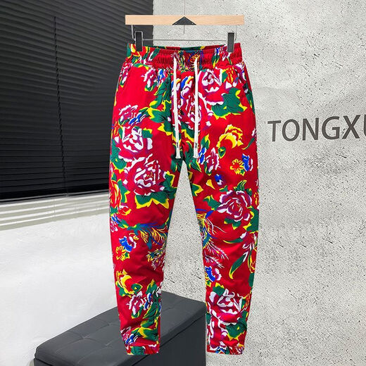 Playboy Northeast large flower cotton-padded jacket men and women same style suit national fashion winter cotton pants cotton coat thickened warm jacket internet celebrity cotton clothing red - hooded short style high quality large flower cotton-padded jacket + cotton pants XL 105-125Jin Jin is equal to 0.5 kg