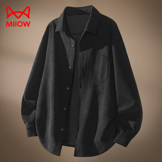 MiiOW American Corduroy Shirt Men's Autumn and Winter Plus Velvet 2025 Loose Outer Clothing Trendy Cardigan Jacket Black 2XL