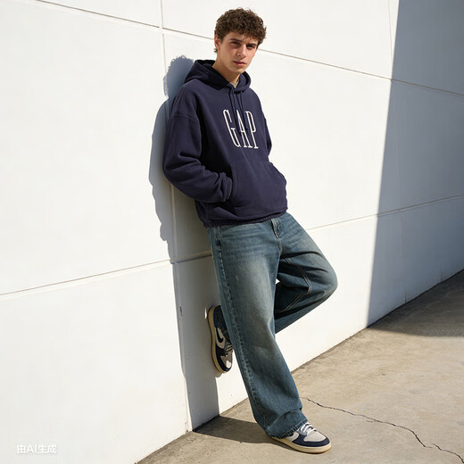 GAP men's and women's winter logo embroidered fleece loose pullover hooded sweatshirt US version 846551