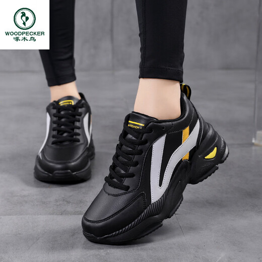 Woodpecker spring and autumn new black women's shoes leather waterproof casual travel shoes Korean version versatile thick sole non-slip dad shoes for women black leather 2288 36
