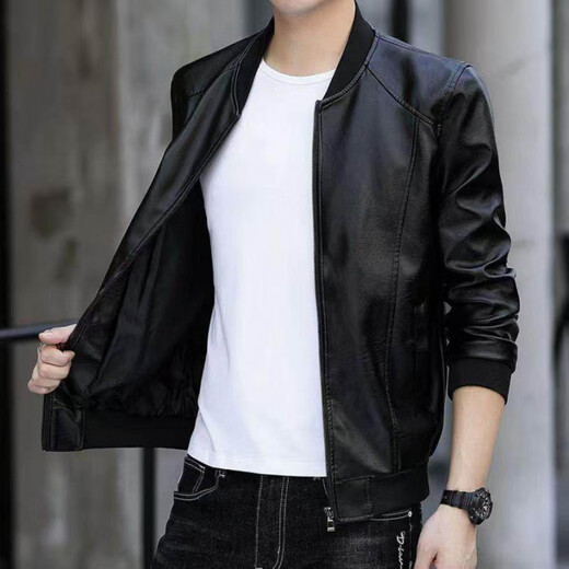 Goldlion Haining Men's Spring and Autumn Jacket Winter Velvet Casual Loose Leather Jacket for Middle-aged and Elderly Black#Soft Leather Baseball Uniform Spring and Autumn Thin M 170_88A_Recommended 95-120Jin Jin is equal to 0.5 kg