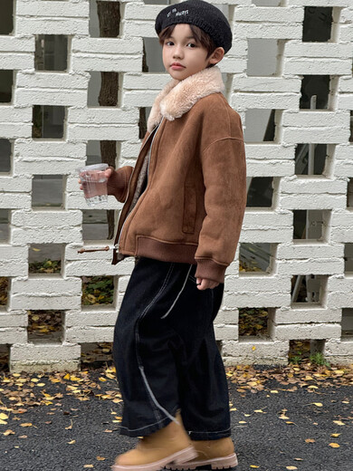 BALA is suitable for purchasing products. Winter boys' coat covered with fur all-in-one machine, medium and large children's brown fur + chocolate leather 110