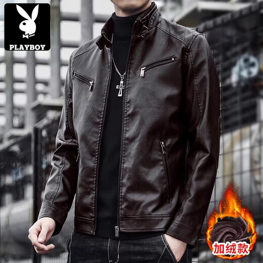 Playboy (PLAYBOY) leather jacket men's stand collar Haining trendy brand handsome casual autumn and winter motorcycle leather jacket large size coat A609 black without velvet L 105-120Jin Jin equals 0.5 kg
