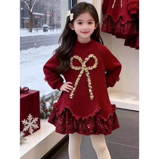 Guanimao girls New Year's dress winter 2026 new children's velvet sweatshirt dress medium and large children's winter clothing red New Year's greetings red velvet style 150 yards