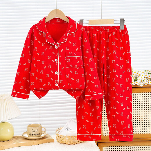 MiiOW children's red home clothes set New Year's style pure cotton children's pajamas cardigan zodiac year autumn and winter underwear, all-over printed bears 120 CM