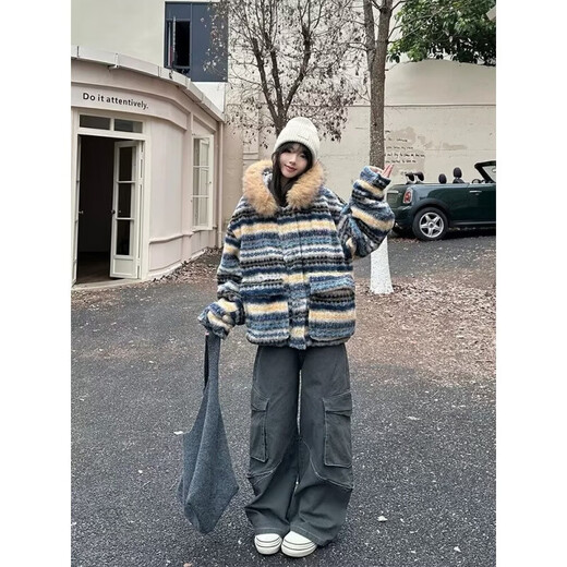 American style large fur collar contrasting color lamb wool coat for men and women winter style thickened warm hooded cotton coat blue XL