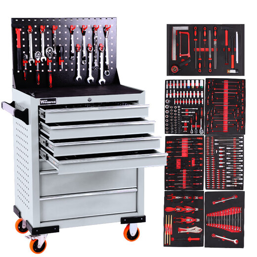 Wangbang multifunctional mobile tool cart auto repair tool set ratchet wrench combination complete repair cart tool box new three-draw red + back plate + 158-piece tool set