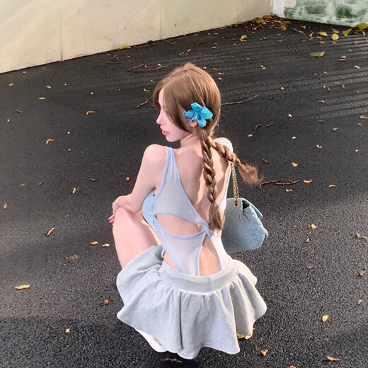 Hollow back one-piece camisole for women in summer Thai hot girl backless tube top with breast pads to wear outside the chest, blue, one size fits all, recommended 75-115 Jin Jin equals 0.5 kg