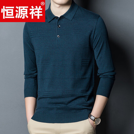 Hengyuanxiang high-end middle-aged men's long-sleeved T-shirt men's spring thin lapel wool sweater loose dad wear Molan 3015 M 165