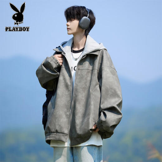Playboy (PLAYBOY) American leather jacket men's spring, autumn and winter new fake two-piece long-sleeved hooded jacket men's handsome young men's clothing dark gray regular M recommended height 165-170CM weight 94-110Jin Jin is equal to 0.5 kg