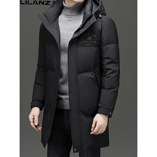 LILANZ men's mid-length down jacket middle-aged men's business casual versatile hooded warm white duck down jacket trendy black 18-25803 M 170