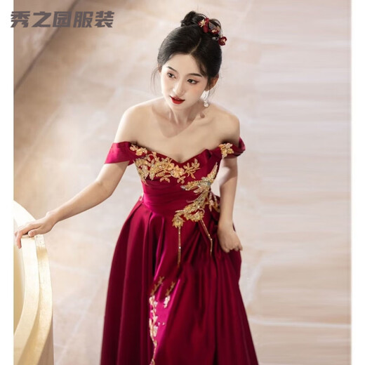 Verse Verse burgundy toast dress bride's dressing gown style engagement wedding dress new Chinese style one shoulder light luxury national style burgundy S