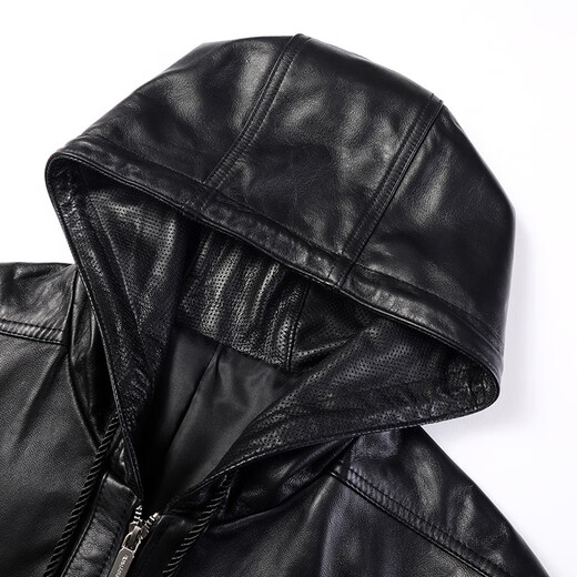 Fat Donglai Supermarket purchasing sheepskin hooded leather jacket for men in autumn business casual men's jacket fashionable and versatile same style black L suitable for 110-130Jin Jin equals 0.5 kg