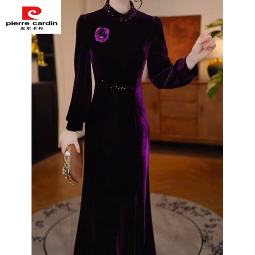 Pierre Cardin velvet thickened rayon velvet dress 2025 autumn and winter new temperament waist slimming western style dress skirt purple 2XL recommended 125-135Jin Jin equals 0.5 kg