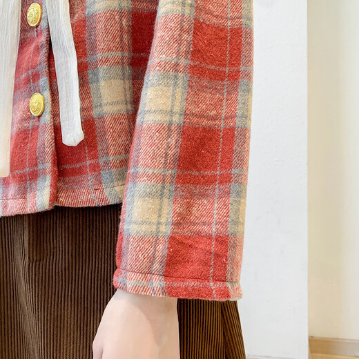 Ives (ITISF4) Spring Festival Sweet Temperament Jacket Spring Slimming Exquisite Ruffled Plaid Versatile Top Shirt Red Plaid S