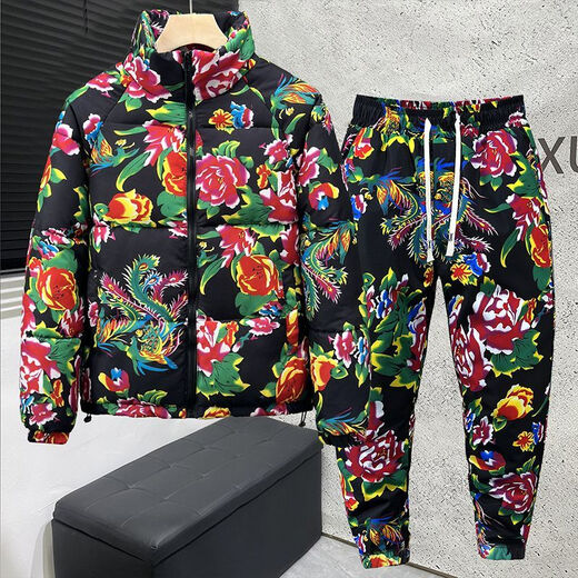 Playboy Northeast large flower cotton-padded jacket men and women same style suit national fashion winter cotton pants cotton coat thickened warm jacket internet celebrity cotton clothing red - hooded short style high quality large flower cotton-padded jacket + cotton pants XL 105-125Jin Jin is equal to 0.5 kg