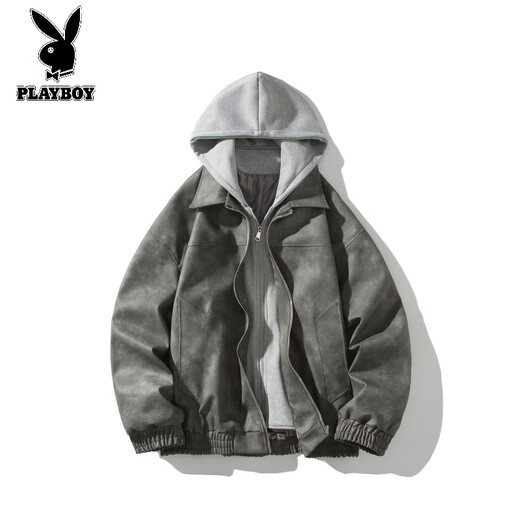 Playboy (PLAYBOY) American leather jacket men's spring, autumn and winter new fake two-piece long-sleeved hooded jacket men's handsome young men's clothing dark gray regular M recommended height 165-170CM weight 94-110Jin Jin is equal to 0.5 kg