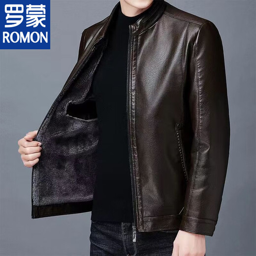 ROMON Haining Leather Men's Fur All-in-One Jacket Middle-aged and Old Sheepskin Plus Velvet Thickened Leather Jacket for Dad Brown Standing Style Plus Velvet Thickened L 175 Code 90-110Jin Jin is equal to 0.5 kg