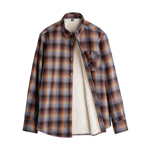 Madden Workwear Polar Fleece Plaid Shirt Jacket Men's American Retro Plaid Plus Velvet Warm Men's Long Sleeve Shirt Autumn and Winter Blue Brown Sleeves Not Velvet XL