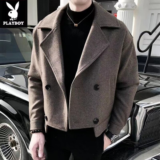 Playboy (PLAYBOY) Lapel Windbreaker Men's 2025 New Autumn and Winter Woolen Coat Men's Trendy Versatile Handsome Woolen Coat Coat Brown XL 130-140Jin Jin equals 0.5 kg
