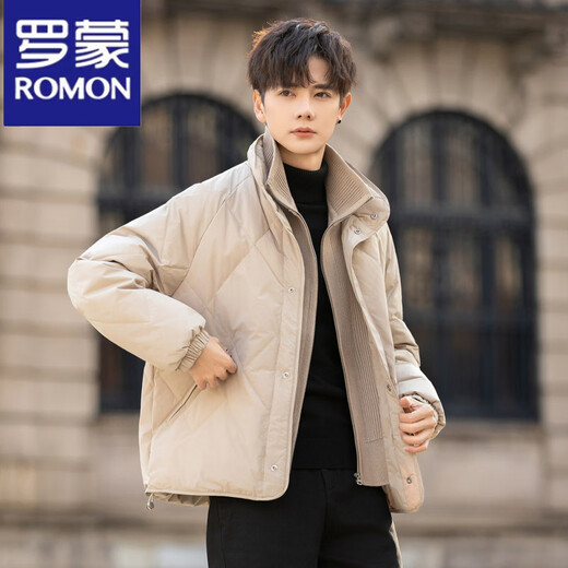 ROMON Knitted Splicing Fake Two-piece Down Jacket Men's Winter Stand Collar Lightweight Thickened Jacket Handsome National Standard 90 Down Winter Jacket Khaki White Duck Down L Within 120