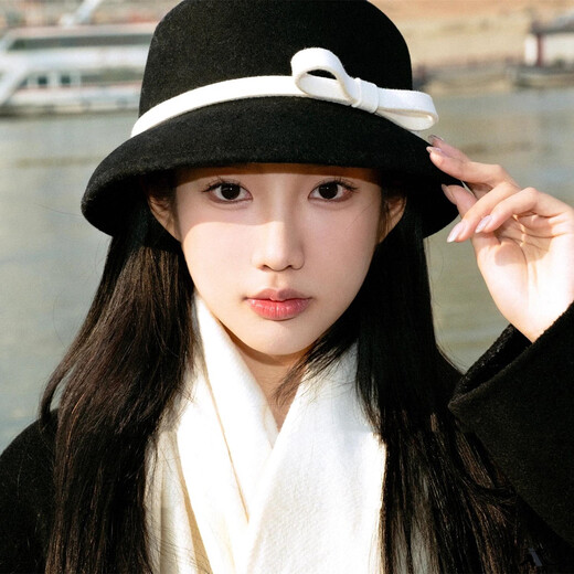 Ershan set Hepburn style bow bucket fisherman hat French retro hat autumn and winter new hat women's black foreign daughter basin hat retro Hepburn basin hat black + white bow