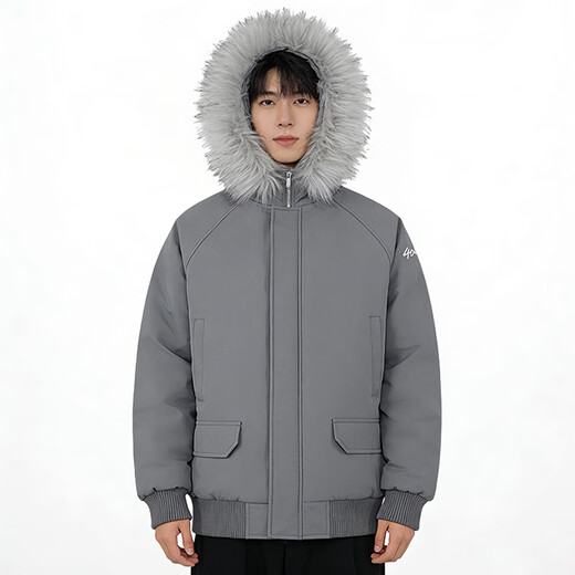 404MOBGANG American retro detachable fur collar jacket men's winter waterproof embroidery thickened warm couple cotton clothing Paris Gray L