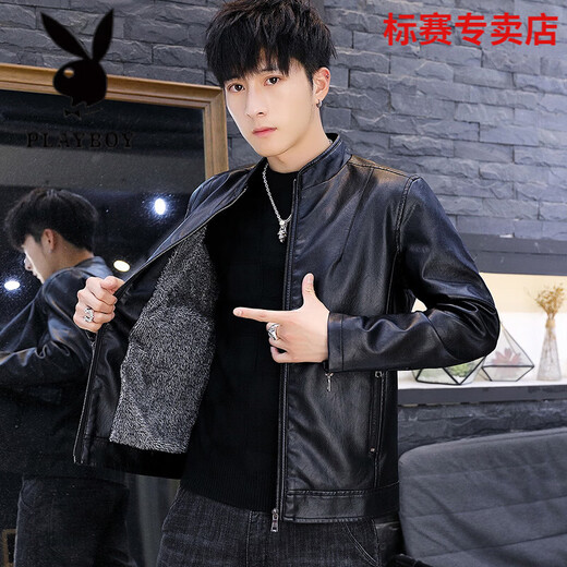 Playboy Leather Jacket Men's Autumn and Winter Men's Fashion Trendy 2025 New Jacket Windproof Motorcycle Leather Jacket Mature Winter Black Velvet M Recommended 85-115Jin Jin equals 0.5 kg