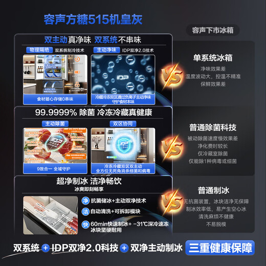 Rongsheng Cube Sugar 515L French-style multi-door refrigerator dual system ultra-thin zero-embedded household automatic ice making first-level energy efficiency BCD-515P60FZNAD gray national subsidy World Cup 60cm true zero-embedded | bottom cooling ultra-clean automatic ice making