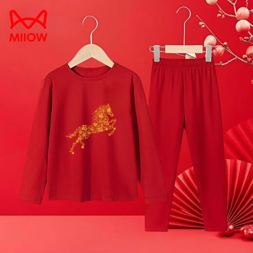 Cat Man (MiiOW) Pure Cotton Year of the Horse, Zodiac Year Autumn Clothes and Autumn Pants Children's Winter Basement Warm Suit for Boys and Girls New Year's Eve Clothes Pure/Cotton Autumn Clothes and Autumn Pants China Golden Horse 160 75-95Jin Jin is equal to 0.5 kg