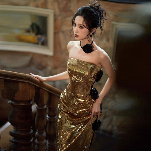 Buy Product French Tube Top Evening Dresses for Women Accessible Luxury Niche Classic Gold Mermaid Skirt Gold XS XS
