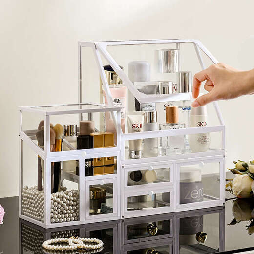 Yusenyi Desktop Storage Box High-end Sensory Dressing Table Skin Care Product Storage Rack Desktop Eyebrow Pen Brush Bucket Set of Two (Dust-proof Top with Three Drawers)