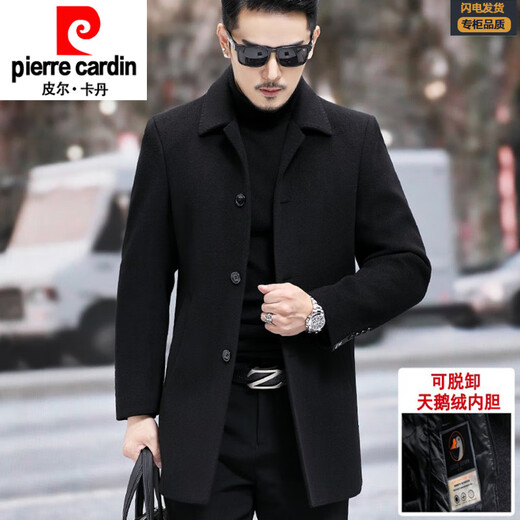 Pierre Cardin light luxury high-end double-sided woolen coat for men winter new thickened cashmere goose down lining mid-length woolen coat 8287 black M 170