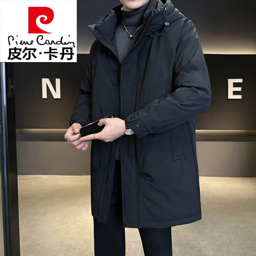 Pierre Cardin mid-length men's down jacket winter 2026 new hooded thickened trendy brand men's winter windbreaker jacket black XL 120-140Jin Jin equals 0.5 kg