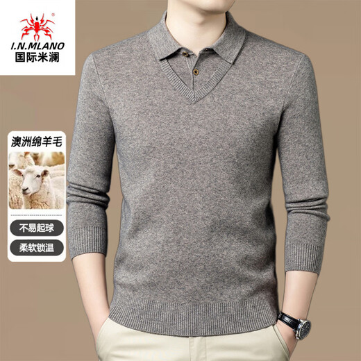 International Milan Ordos city-produced 100% wool sweater for men, middle-aged and elderly father lapel fake two-piece sheep. Cashmere sweater, medium gray, high-end special grade, non-pilling, 2025 autumn and winter new style XL 175 (recommended weight 140-160 Jin Jin is equal to 0.5 kg)
