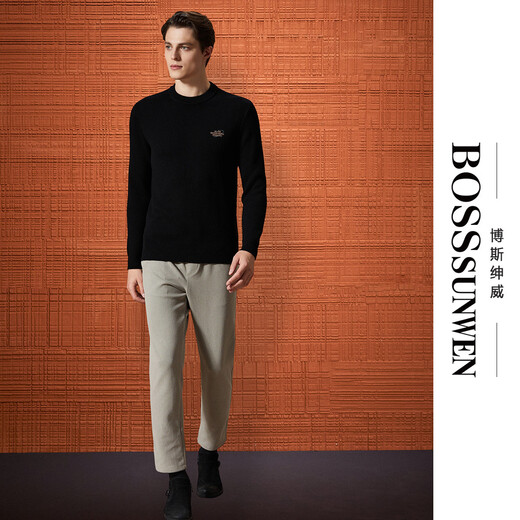 Bosssunwen thickened velvet recommended for winter, skin-friendly and warm solid color bottoming shirt, exquisite embroidery men's woolen sweater, black L