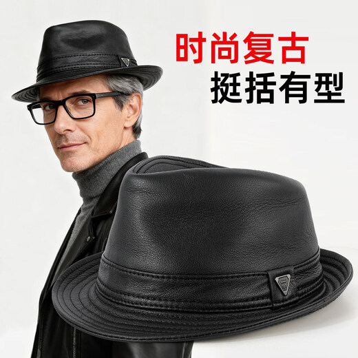 SOOKI Retro Genuine Leather Men's Autumn and Winter British Style Middle-aged and Old Dad Warm Shanghai Beach Hat Gentleman Hat Grandpa and Elderly Hat Black XL (57-58cm)